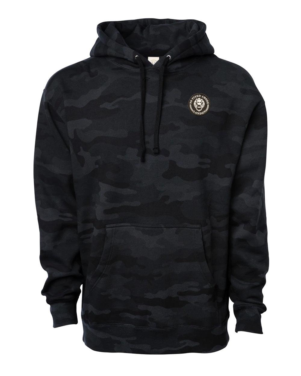 Black Camo Patch front NFA Lion Back Heavy Hoodie - NO FIXED ABODE Punkrock Mens Luxury Streetwear UK