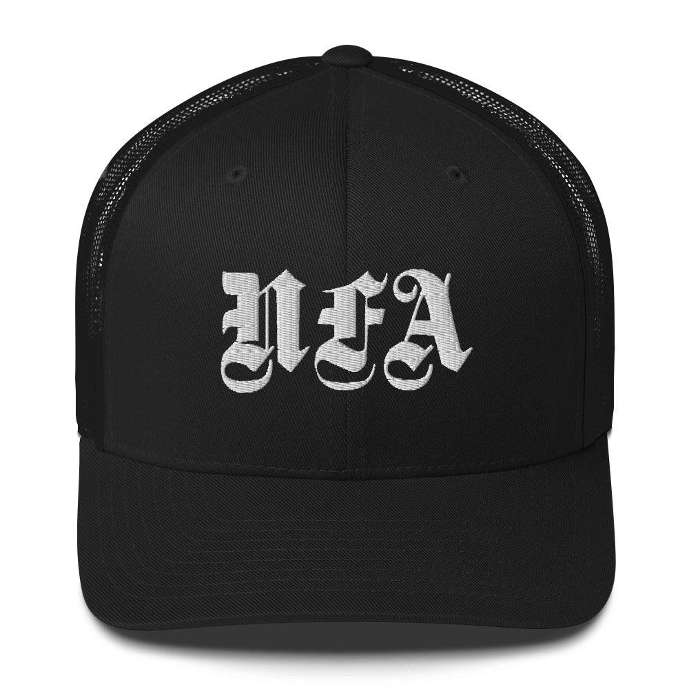 NFA White Embroidery Trucker Cap - NO FIXED ABODE Punkrock Mens Luxury Streetwear UK