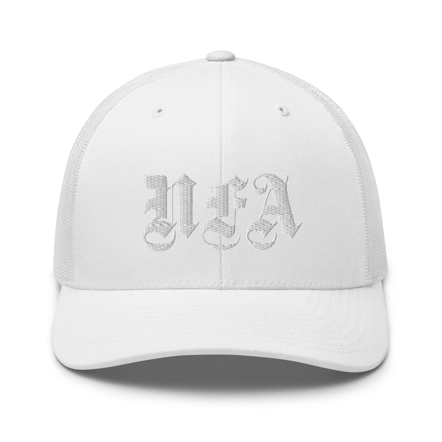 NFA White Embroidery Trucker Cap - NO FIXED ABODE Punkrock Mens Luxury Streetwear UK