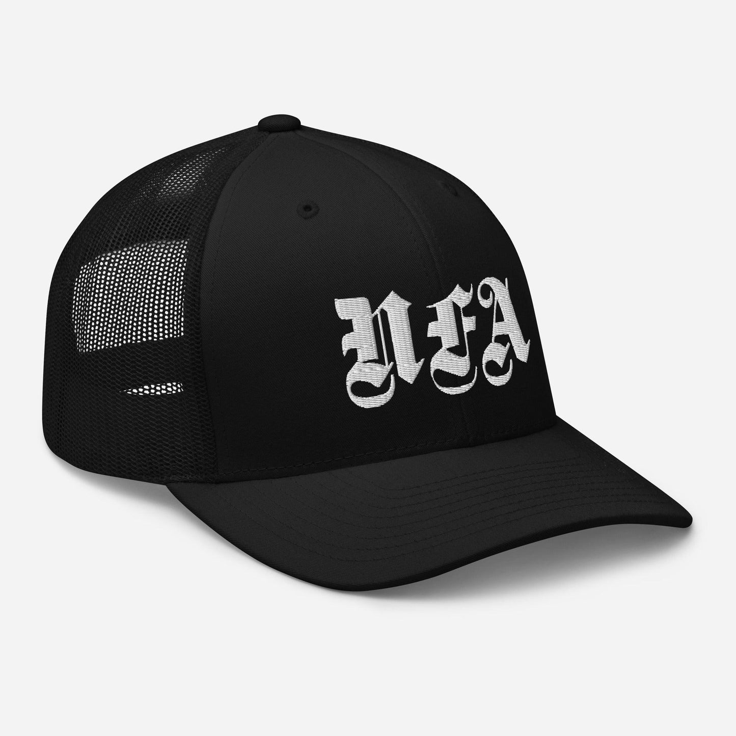 NFA White Embroidery Trucker Cap - NO FIXED ABODE Punkrock Mens Luxury Streetwear UK