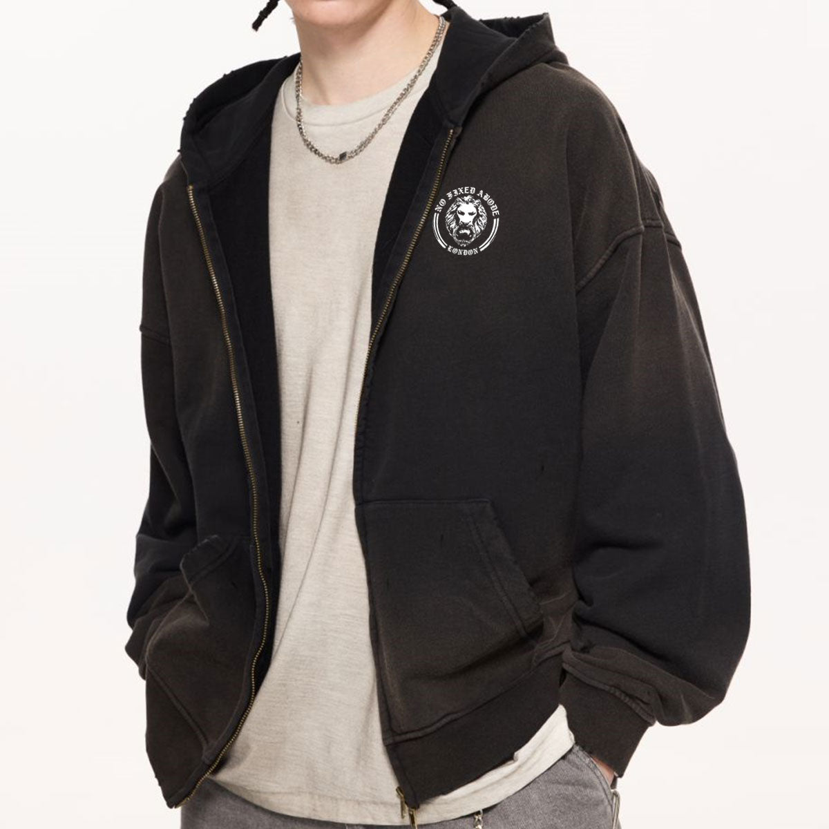 Lion Washed Distressed Zip-Up Hoodie – NO FIXED ABODE