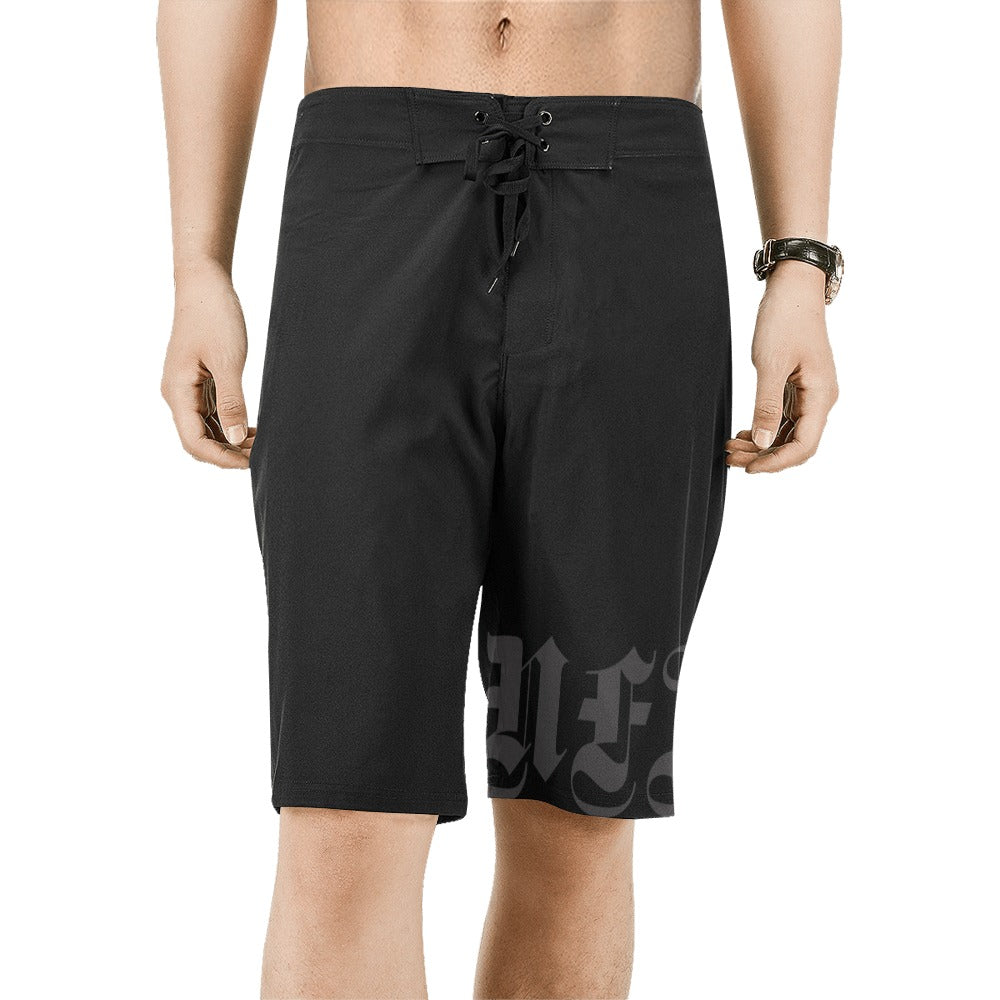 NFA Mens Streetwear Black Beach Summer Long Board Shorts model front No Fixed Abode 