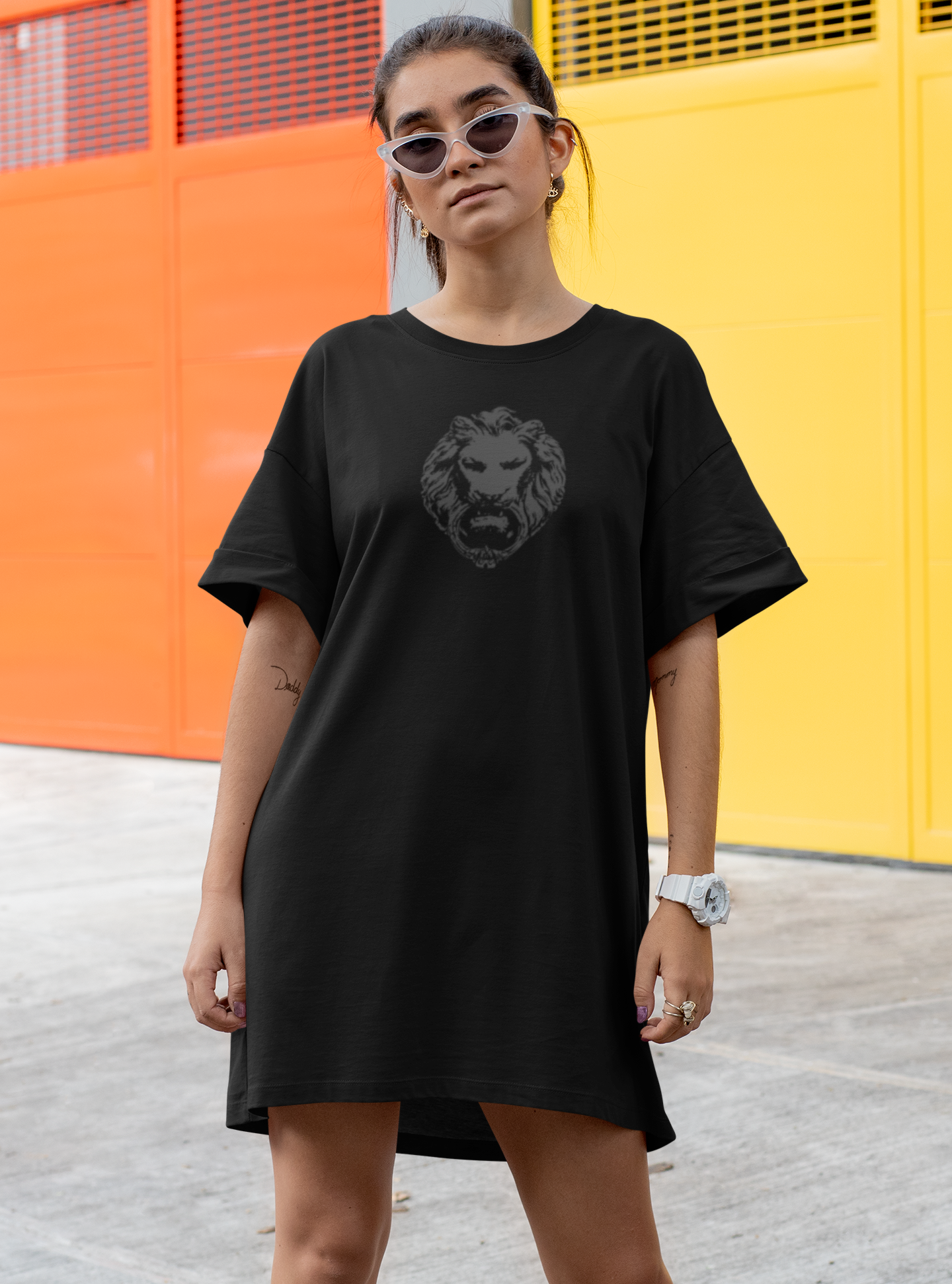 NFA-Streetwear-Black-lion-Womens-NoFixed-Abode-Lion-front-model-tshirt-dress-sunglasses