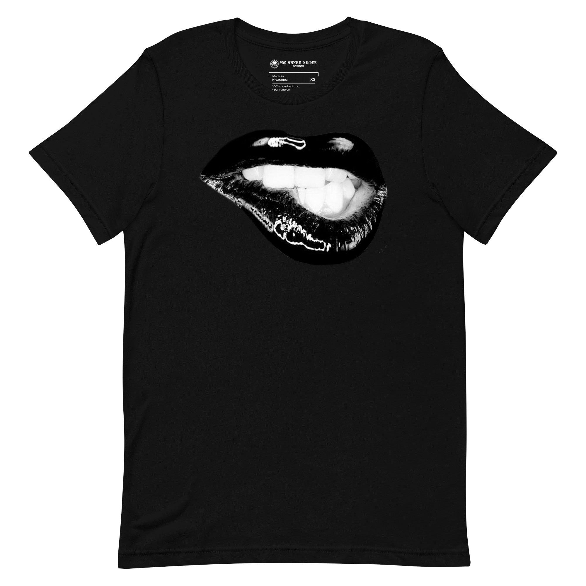 Black Biting Lips T-shirt - NO FIXED ABODE Punkrock Mens Luxury Streetwear UK