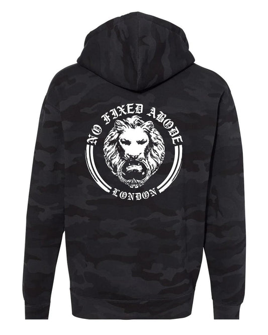 Black Camo Patch front NFA Lion Back Heavy Hoodie - NO FIXED ABODE Punkrock Mens Luxury Streetwear UK