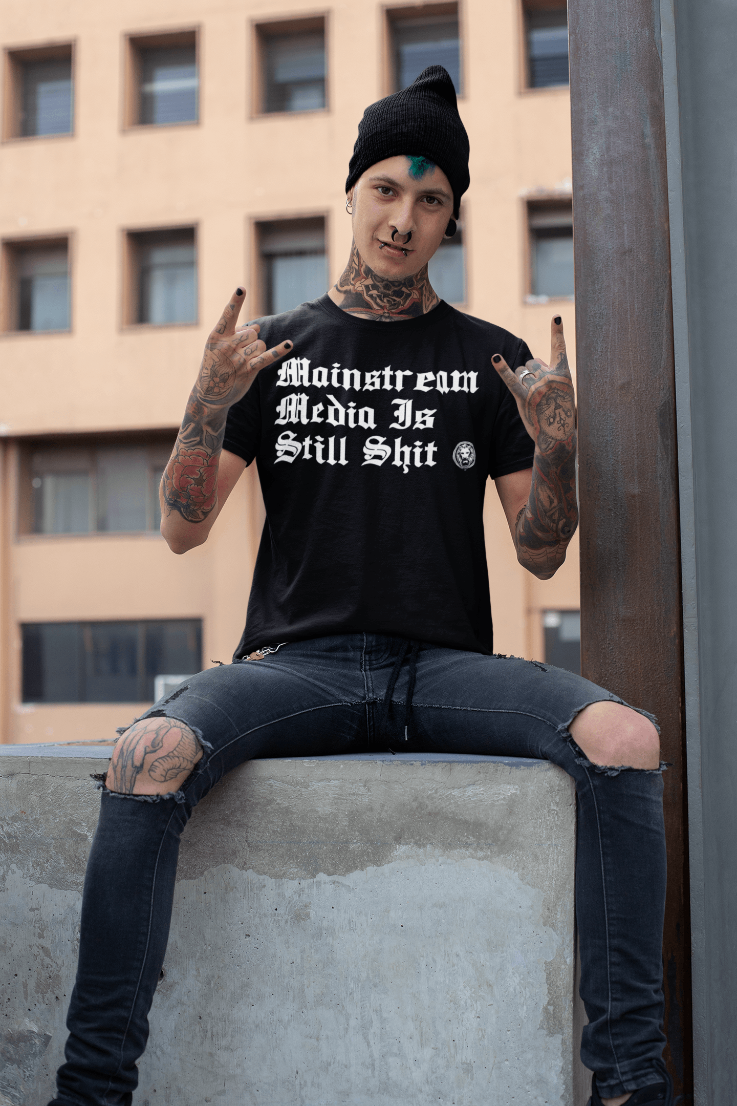 Mainstream Media is Still Shit T-Shirt - NO FIXED ABODE Punkrock Mens Luxury Streetwear UK
